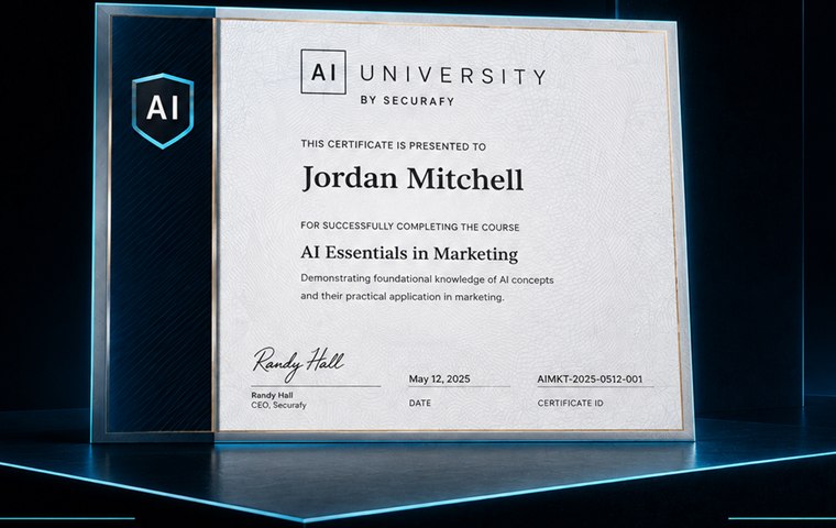 A framed AI University certificate on a lit plinth, showing a learner's name, verification ID, and CEO signature