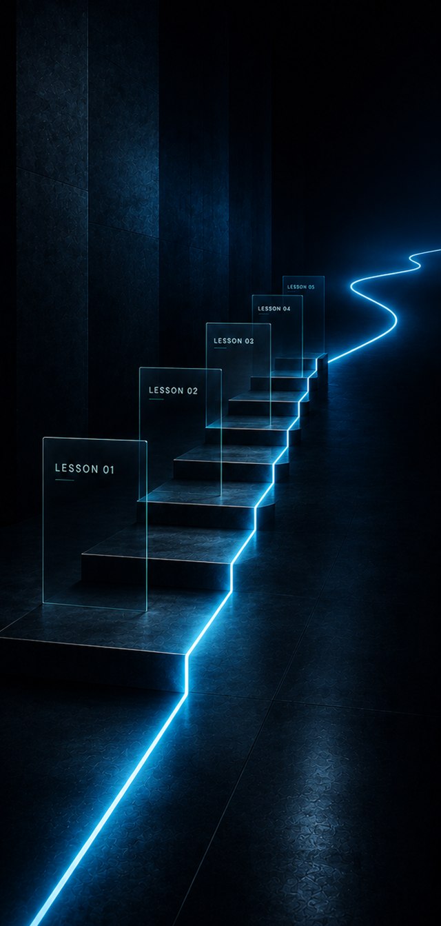 A glowing staircase of lessons rising from Lesson 01 to Lesson 05, lit in electric blue