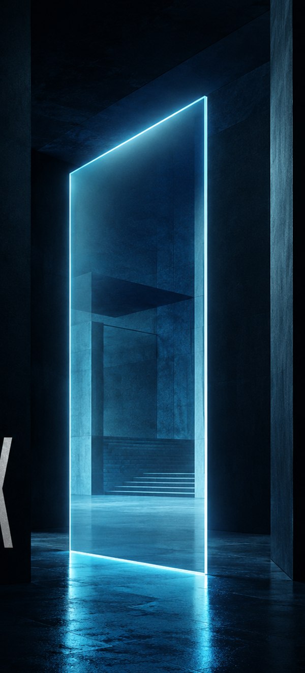A glowing doorway opening into a dark corridor, lit in electric blue